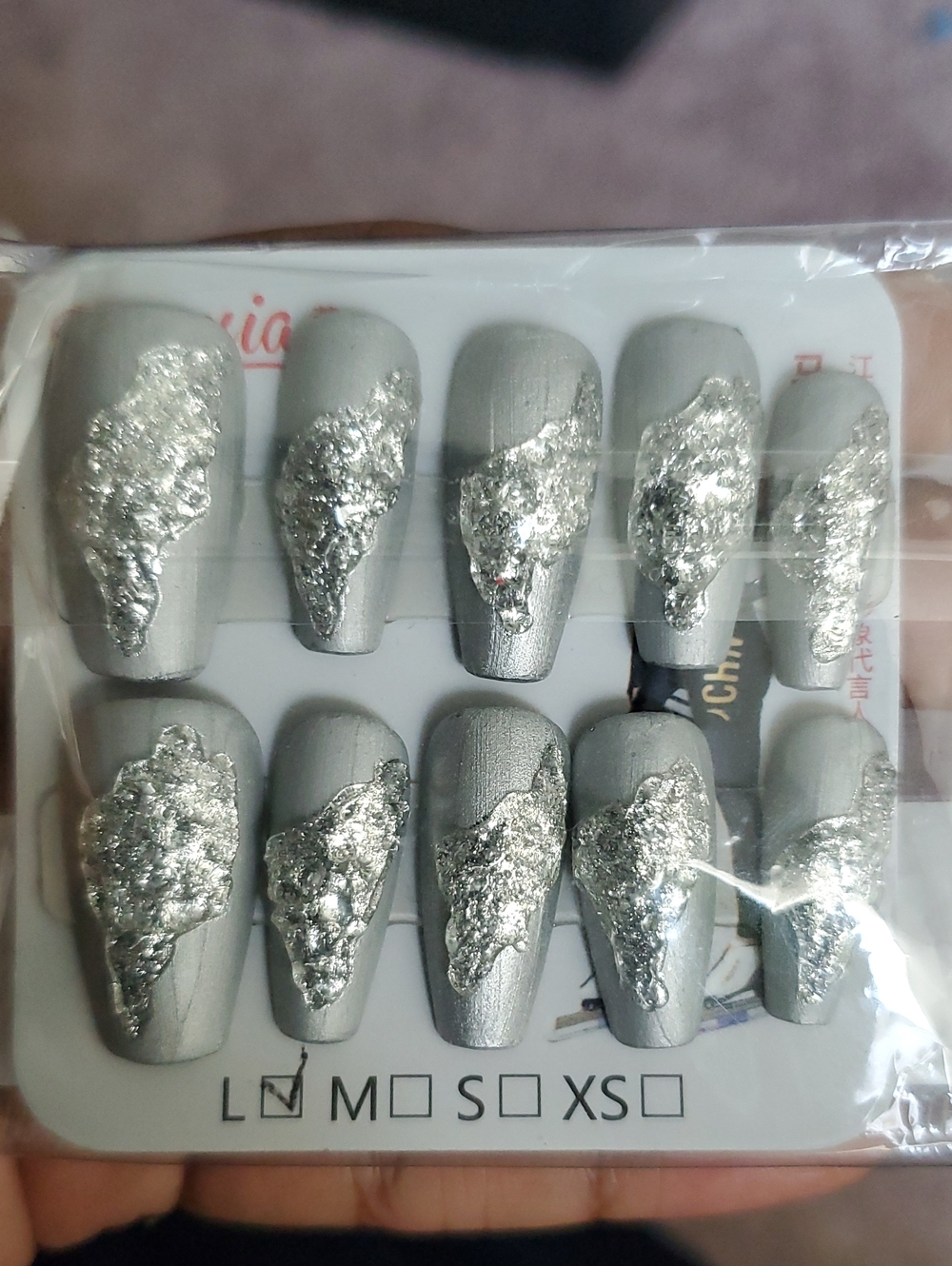 Silver Metallic Press-On Nail Set with Silver Foil Accent